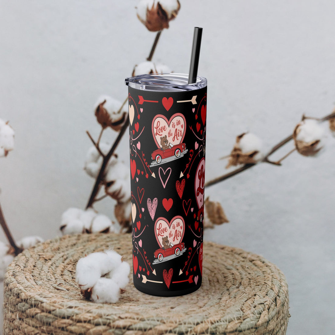 Personalized 20oz Skinny Tumbler with Straw – "Love is in the Air" Valentine’s Day Gift