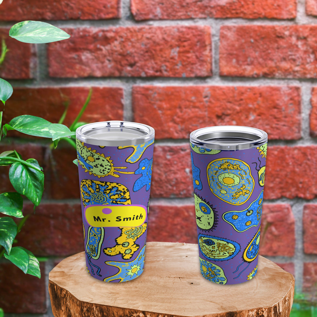 "Personalized biology-themed tumbler featuring abstract science illustrations, including microorganisms and cells, on a vibrant purple background. Perfect for biology enthusiasts and students. #BiologyTumbler #ScienceMerchandise #PersonalizedTumbler #BiologyLovers #ScienceGift #EcoFriendlyTumbler #StudentEssentials #ScienceDecor #BiologyClass"