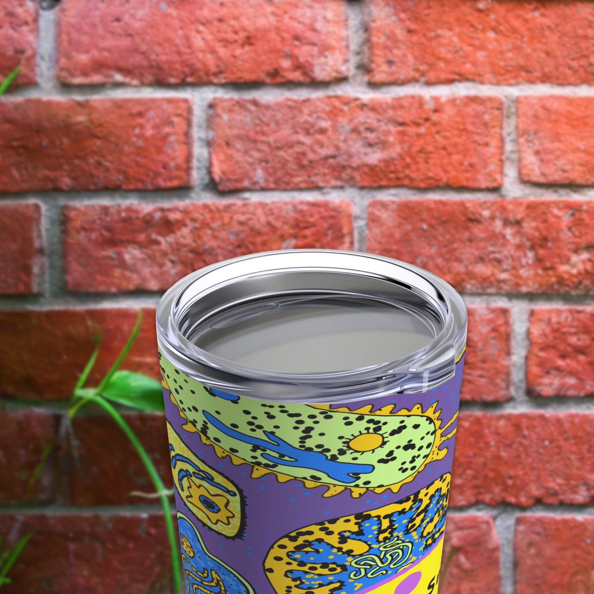 Personalized biology-themed tumbler with abstract science illustrations, featuring microorganisms, cells, and other biology-related symbols on a vibrant purple background. A great gift for biology enthusiasts, students, and science lovers."