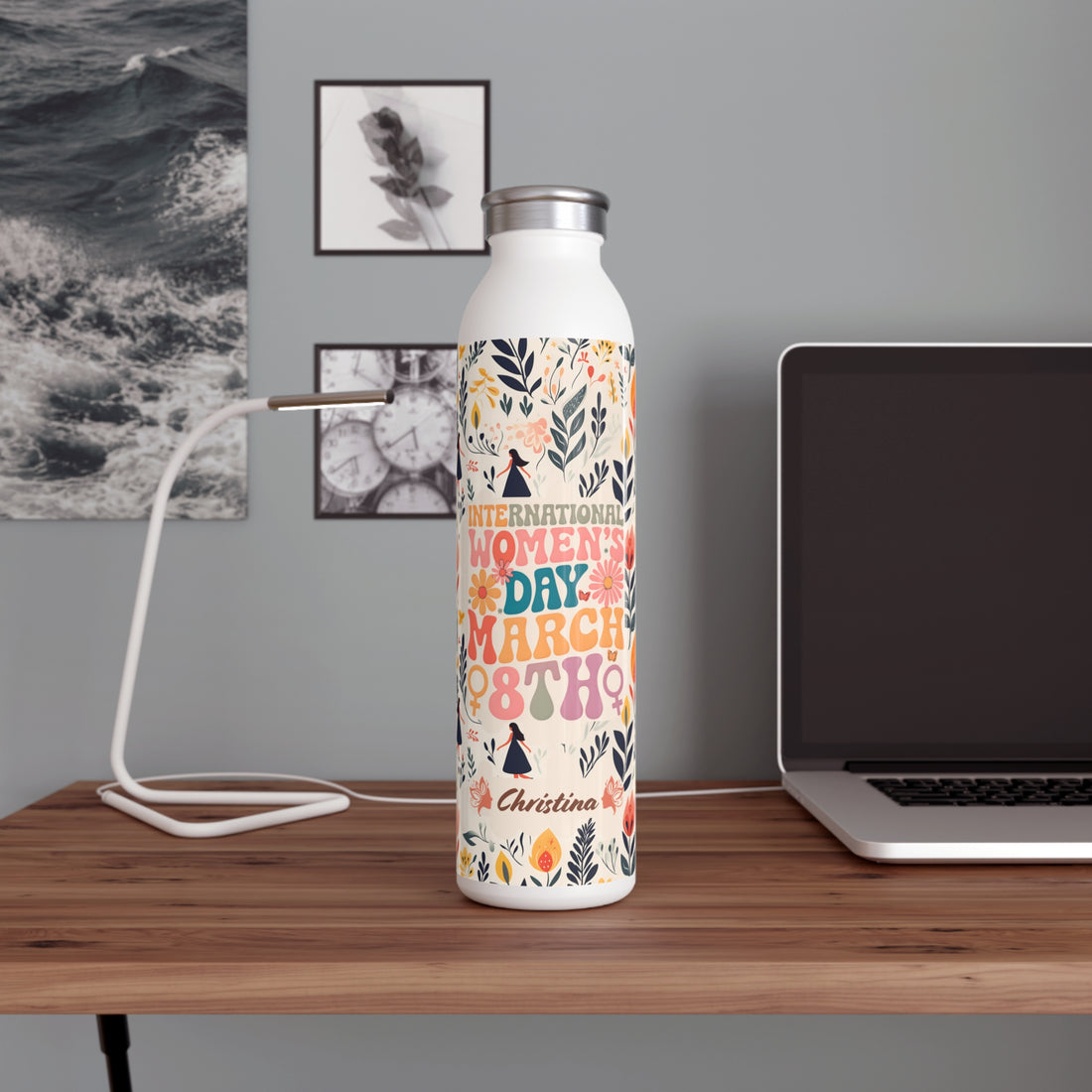 "Personalized International Women's Day Slim Water Bottle with floral design and custom message.