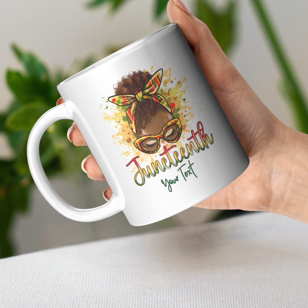 "Personalized 11 oz Juneteenth cup featuring a vibrant design celebrating freedom and heritage. Perfect for commemorating Juneteenth with a custom touch."

