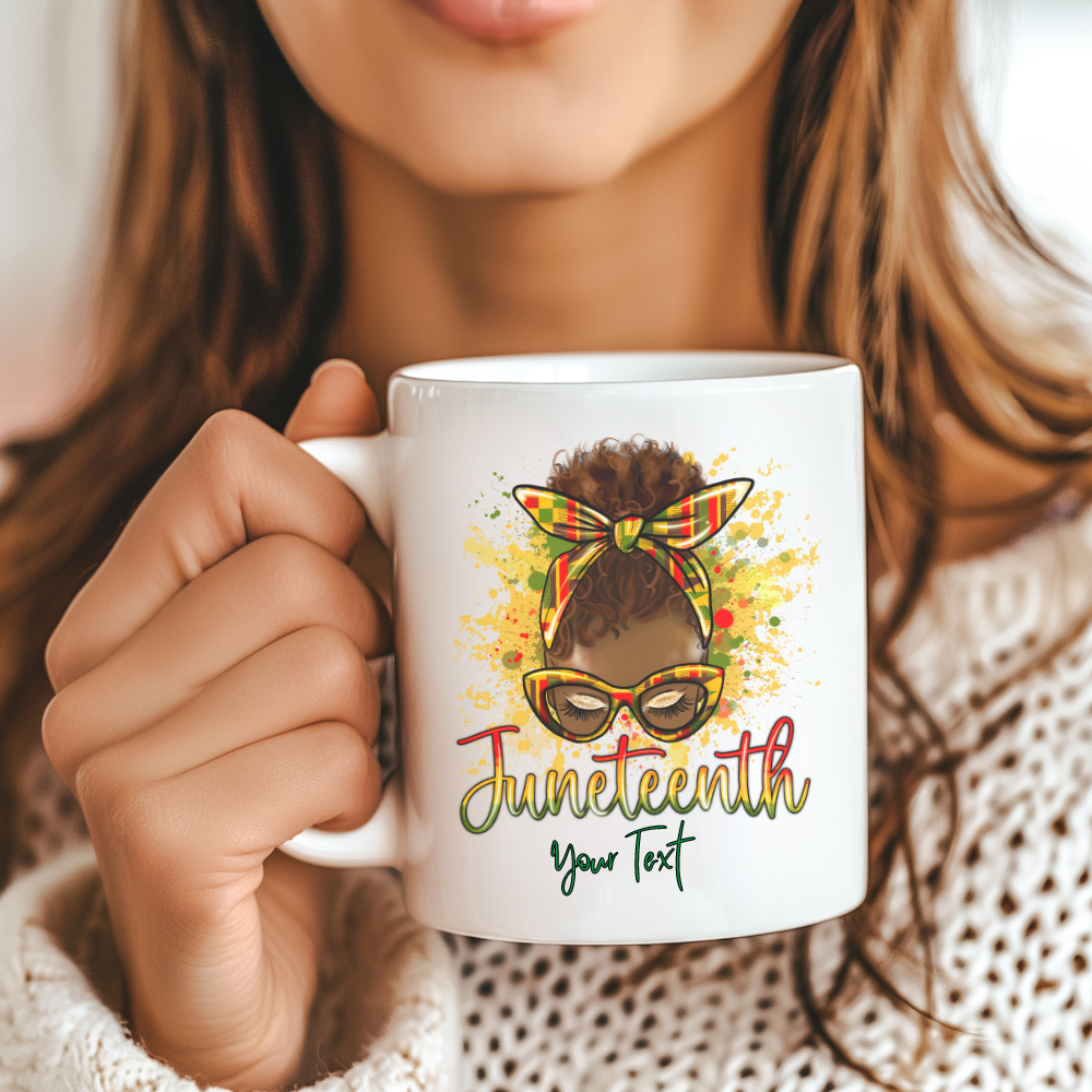 "Personalized 11 oz Juneteenth cup featuring a vibrant design celebrating freedom and heritage. Perfect for commemorating Juneteenth with a custom touch."

