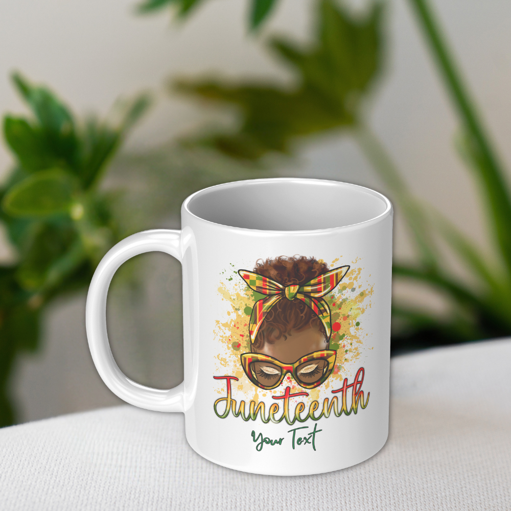"Custom Juneteenth 11 oz cup with a unique, colorful design representing African American history and freedom. Ideal for Juneteenth celebrations."

