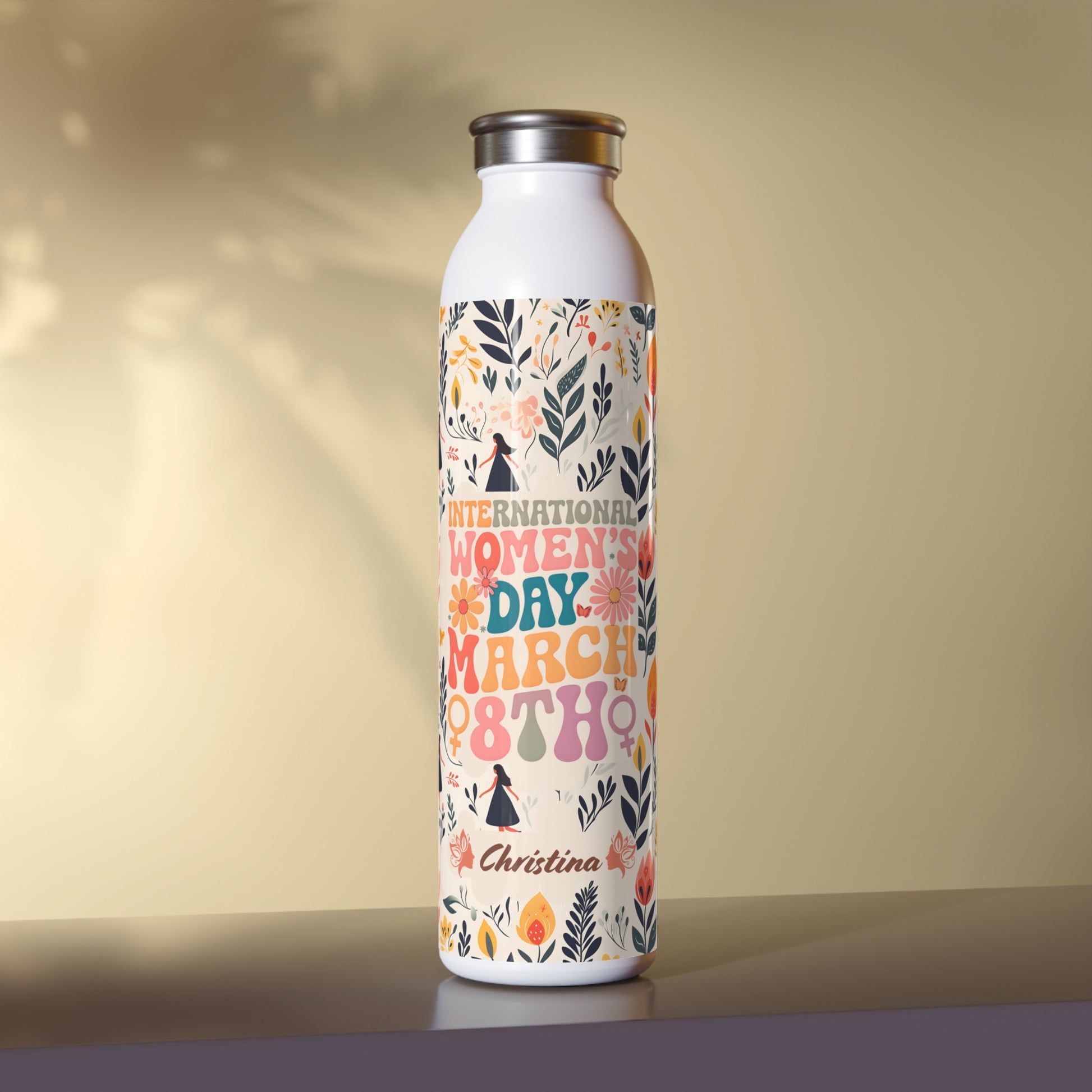 "Personalized International Women's Day Slim Water Bottle with floral design and custom message."