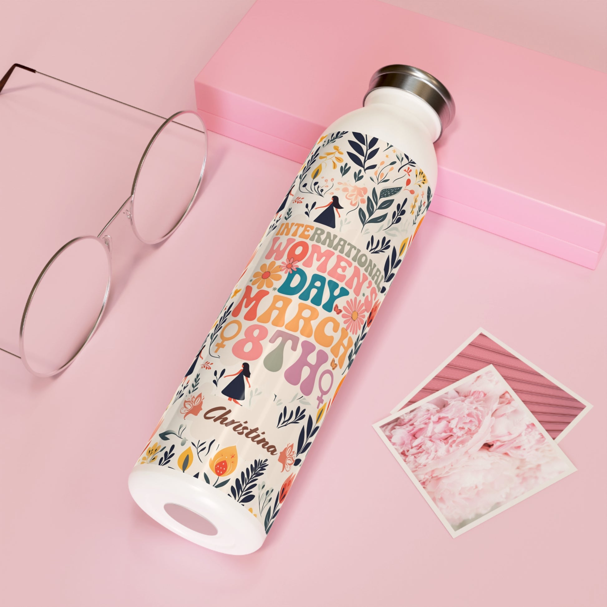 "Personalized International Women's Day Slim Water Bottle with floral design and custom message.